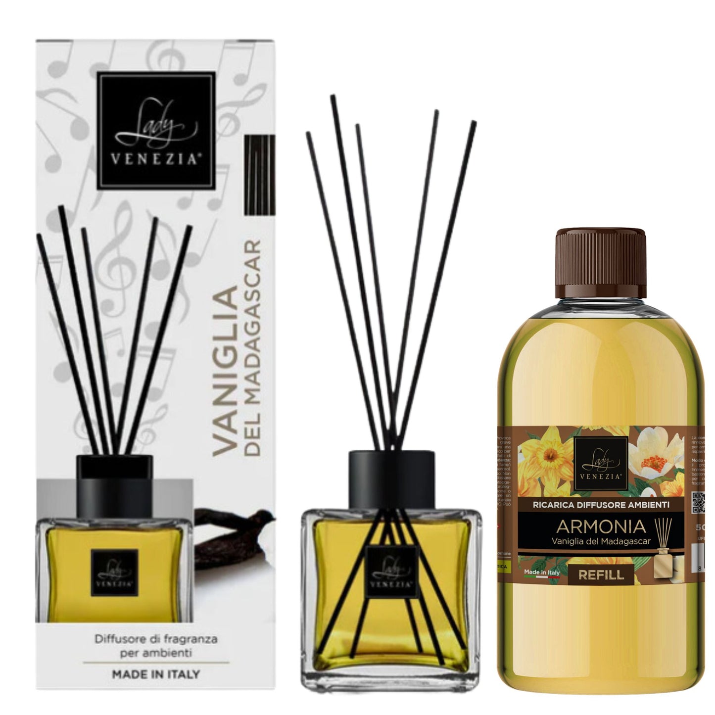 Diffusore Ambiente "Cubo" con Bastoncini - 100 ml + Ricarica Diffusore Ambienti "Sensazioni" - 500 ml Assortiti