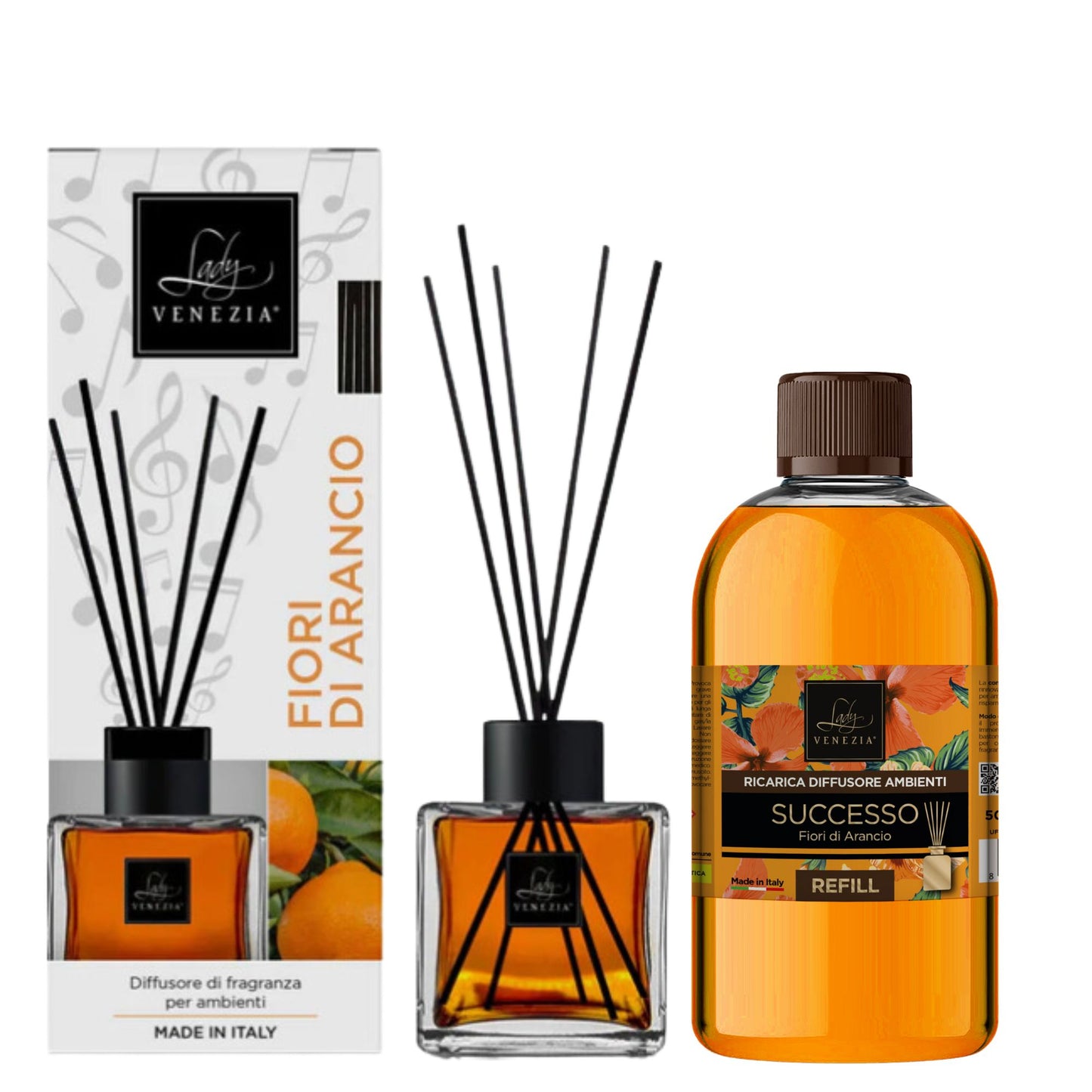 Diffusore Ambiente "Cubo" con Bastoncini - 100 ml + Ricarica Diffusore Ambienti "Sensazioni" - 500 ml Assortiti
