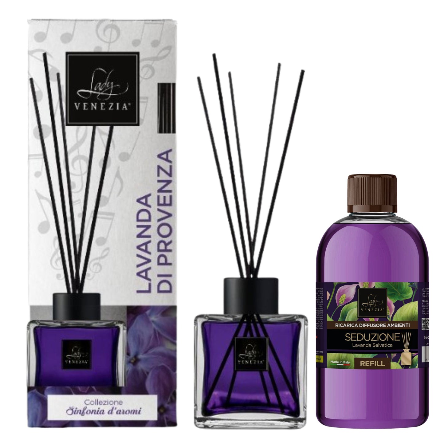 Diffusore Ambiente "Cubo" con Bastoncini - 100 ml + Ricarica Diffusore Ambienti "Sensazioni" - 500 ml Assortiti